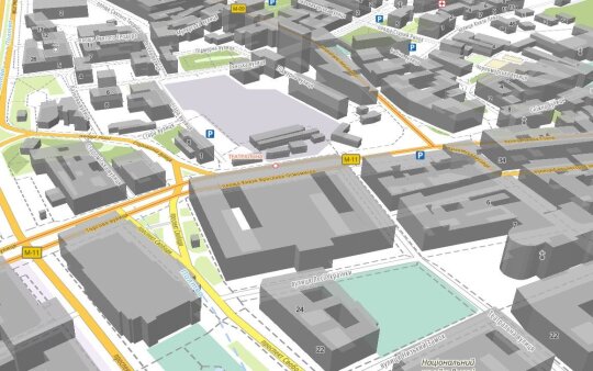 Screenshot aus dem Viewer von basemap.de von der Innenstadt Lwiw in einer Schrägansicht inkl. eine Pseudo-3D-Ansicht.